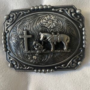 Silver Western Belt Buckle with Horse and Cross Design NWT